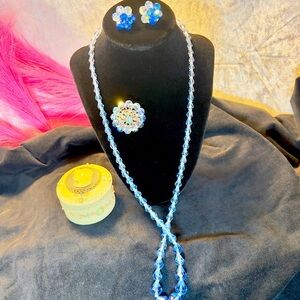 Vintage AB Ombré Blue Glass Crystal Necklace, Brooch, Earring & Mini Jewelry Box